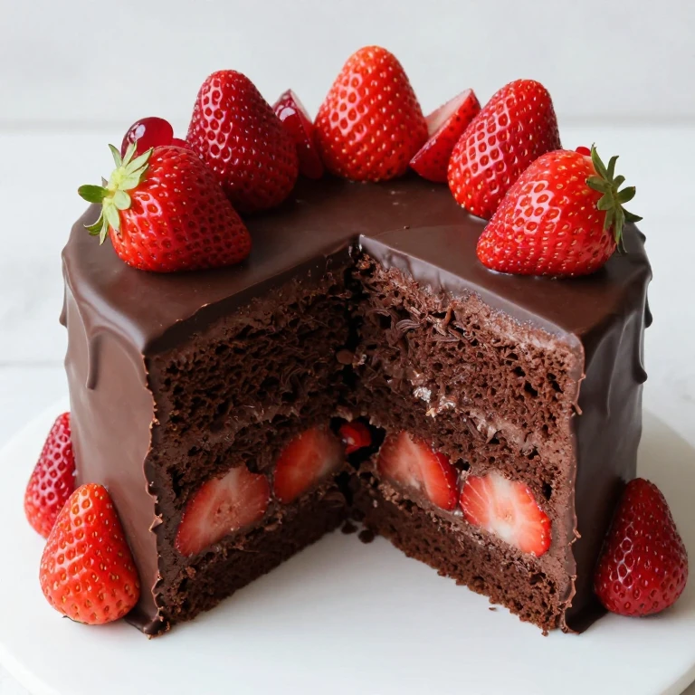 Chocolate layer cake with dark ganache and fresh strawberries