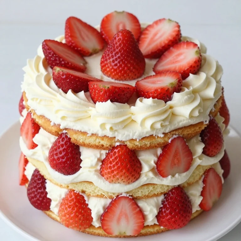 Three-layer strawberry cake with whipped cream and fresh berries