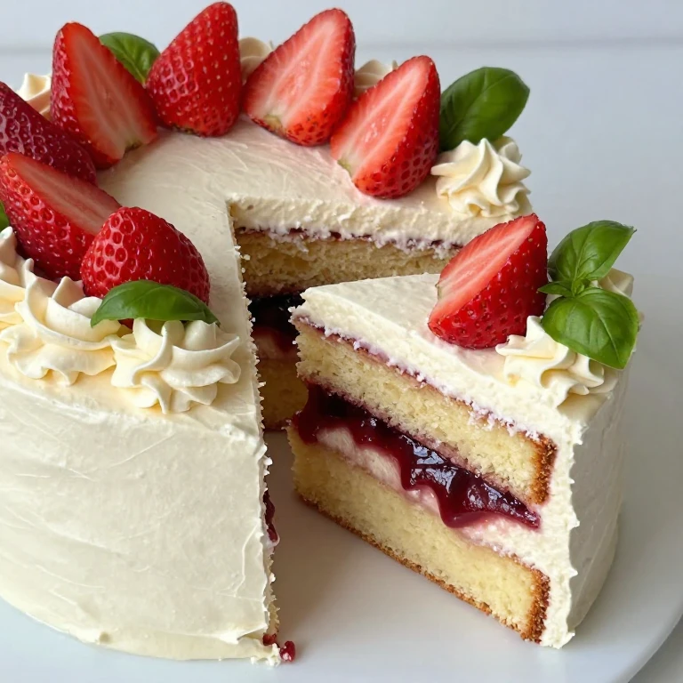 elegant layered strawberry cake with champagne buttercream, balsamic compote, and fresh basil garnish