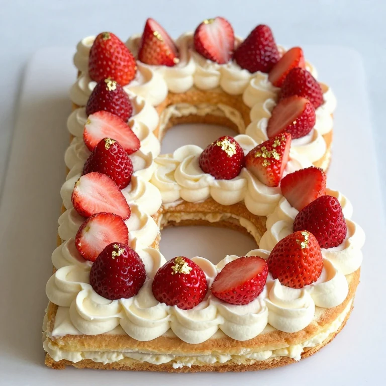 Number-shaped strawberry cake with buttercream and berry decoration