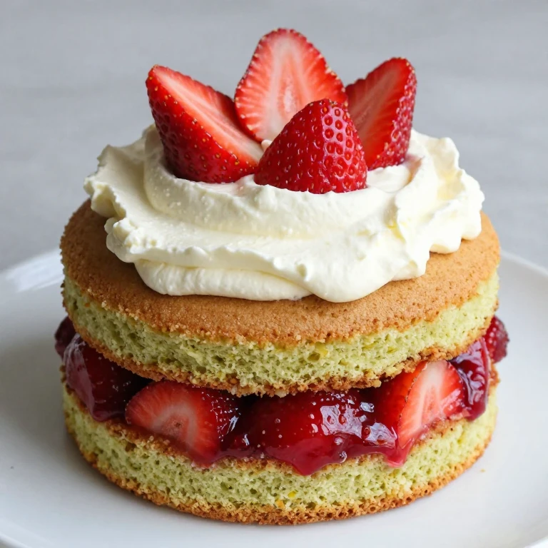 Pistachio sponge cake with strawberry compote and mascarpone cream layers