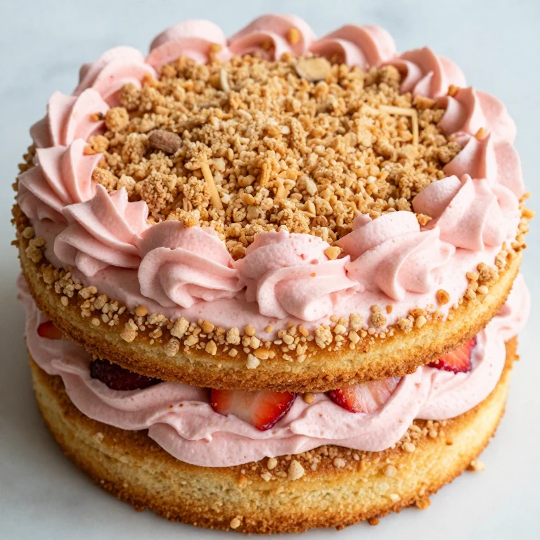 Strawberry cake with pink buttercream and textured crumb topping