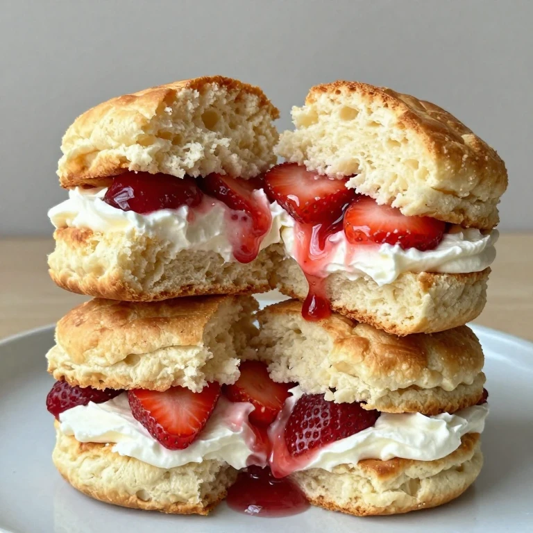 Strawberry shortcake with biscuits, whipped cream, and macerated berries