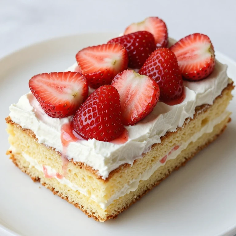 Strawberry tres leches cake with whipped cream and fresh berries