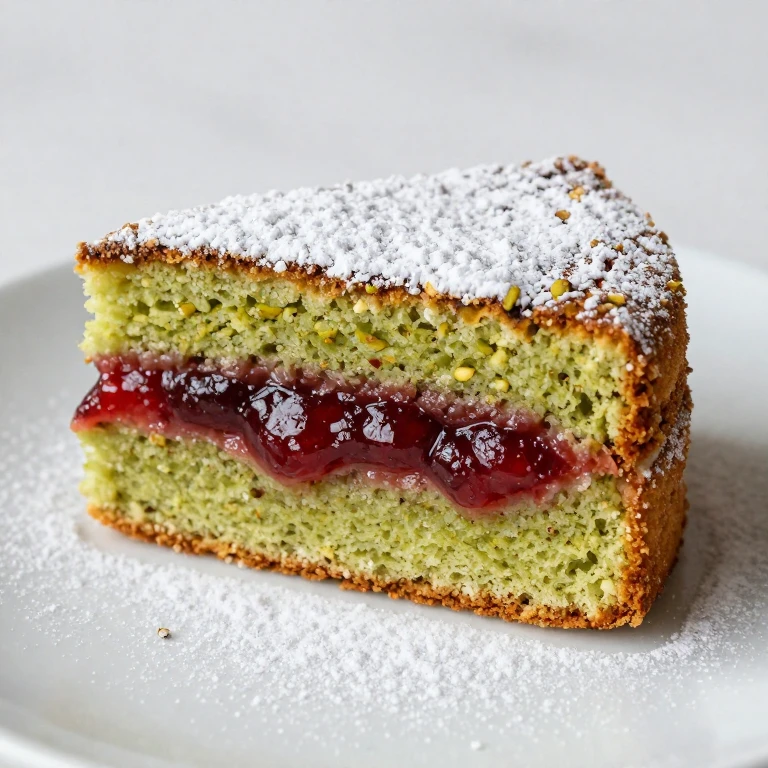 Pistachio cardamom cake with bright strawberry jam center layer