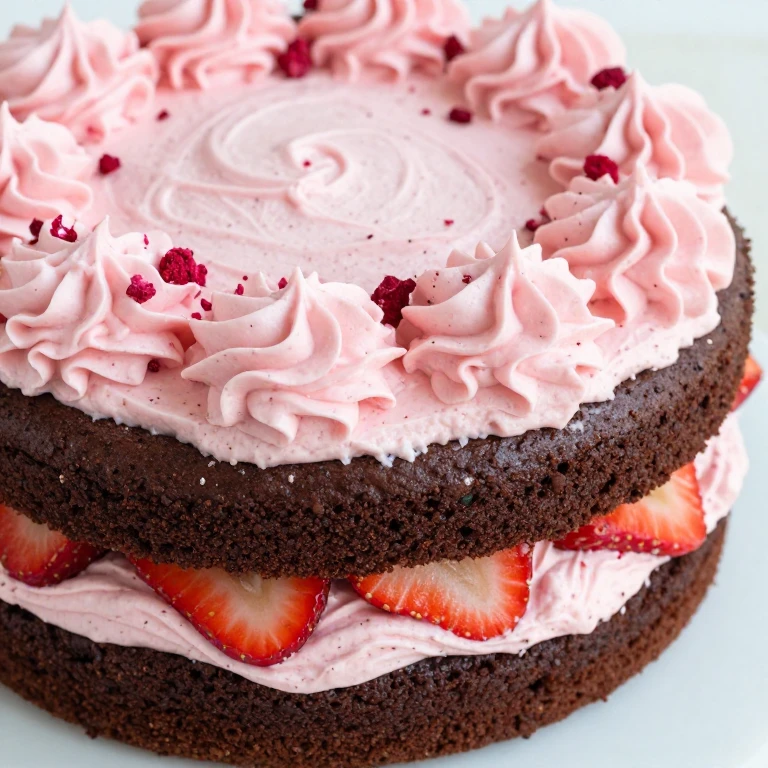 Black pepper chocolate cake with pink strawberry cream cheese frosting