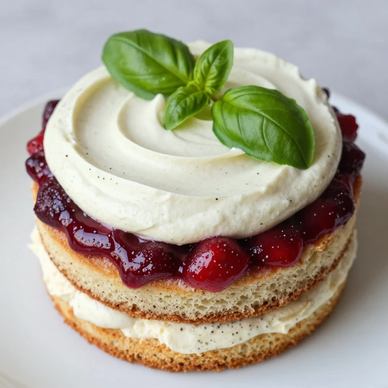 Black pepper cake with strawberry compote and basil cream cheese frosting