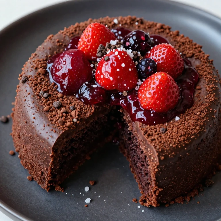 Dark chocolate torte topped with strawberry compote and cocoa nibs
