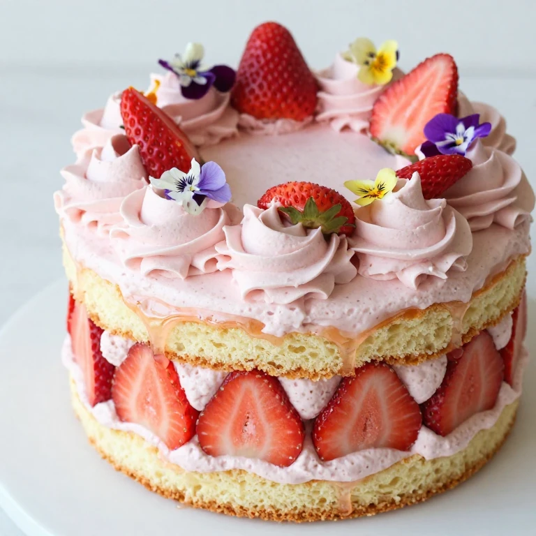 Rosé syrup strawberry cake with champagne frosting and edible flowers