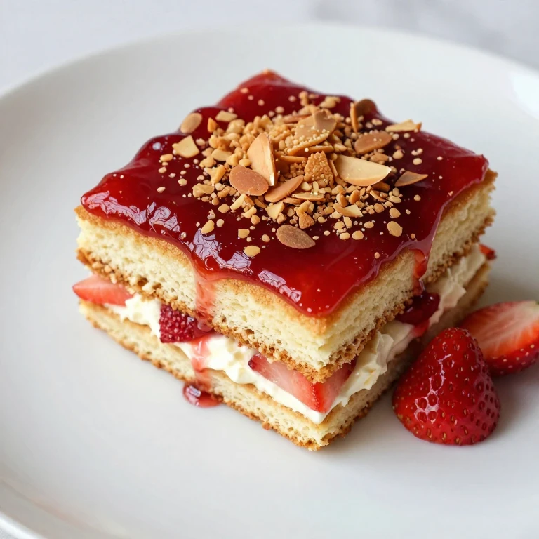 Amaretto sponge cake with almond praline and strawberry compote