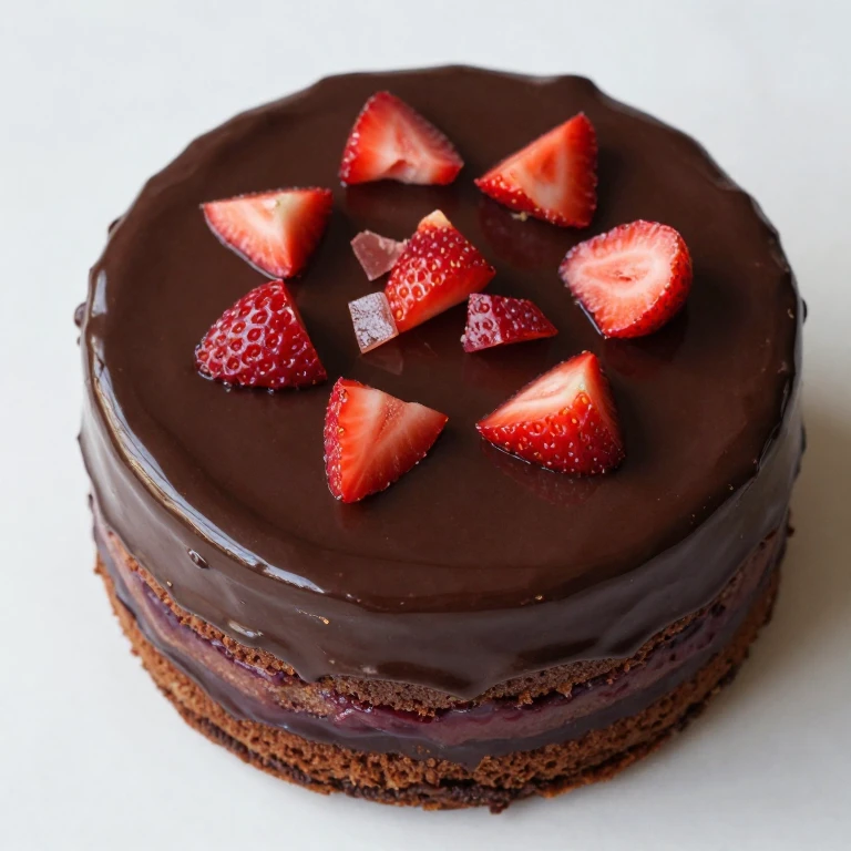Dark chocolate ganache cake topped with candied strawberry shards