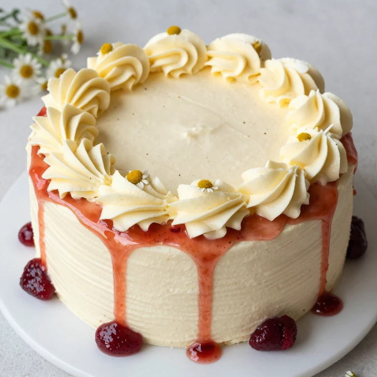 Chamomile cake with honey buttercream and strawberry compote