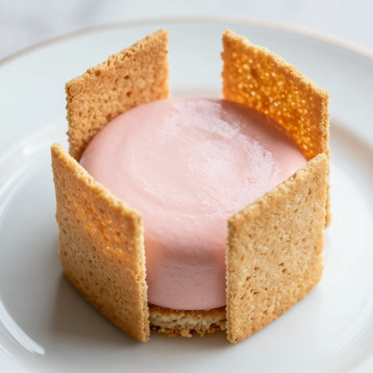 Strawberry mousse cake with crispy tuile cookie edges