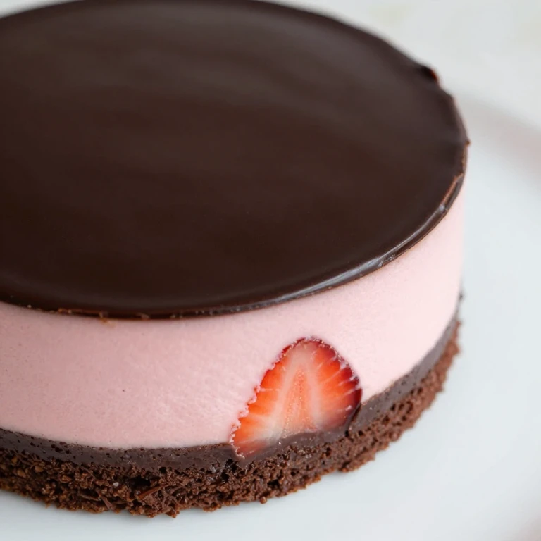 Layered mousse cake with dark chocolate base and ganache