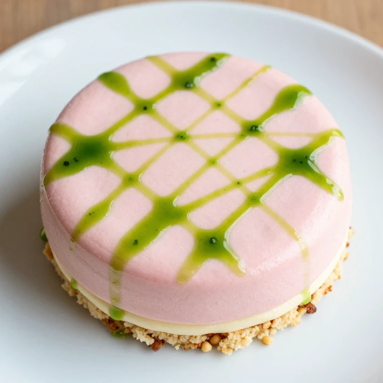 Strawberry mousse cake with green basil oil drizzle