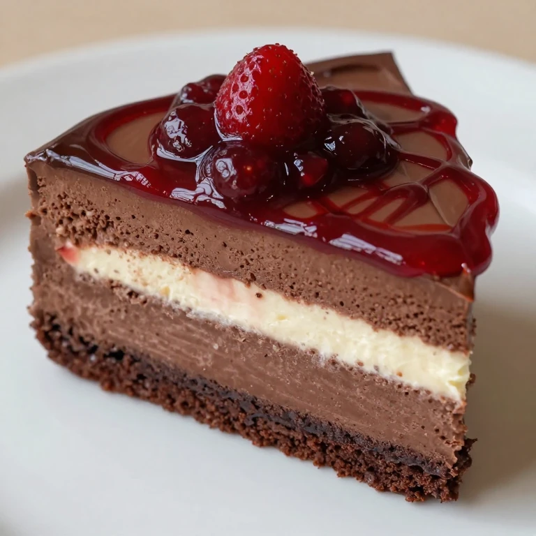 Triple-layer chocolate mousse cake with strawberry compote swirl