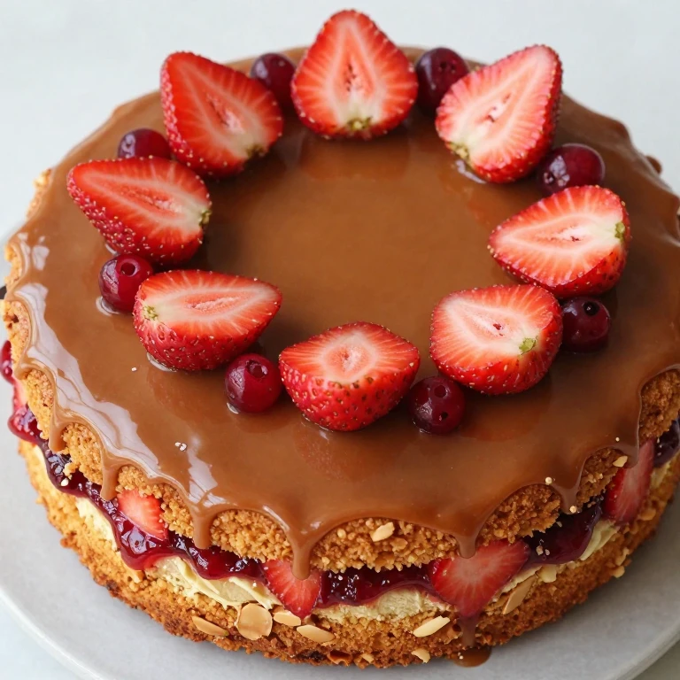 Almond cake with strawberry jam and brown butter glaze