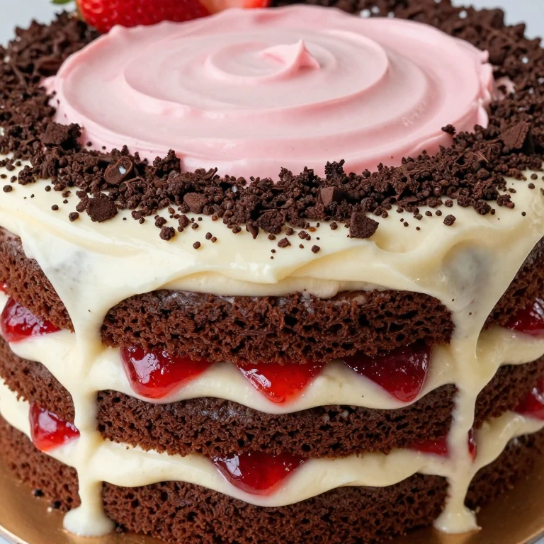 Chocolate-strawberry layer cake with cream cheese frosting and jam filling