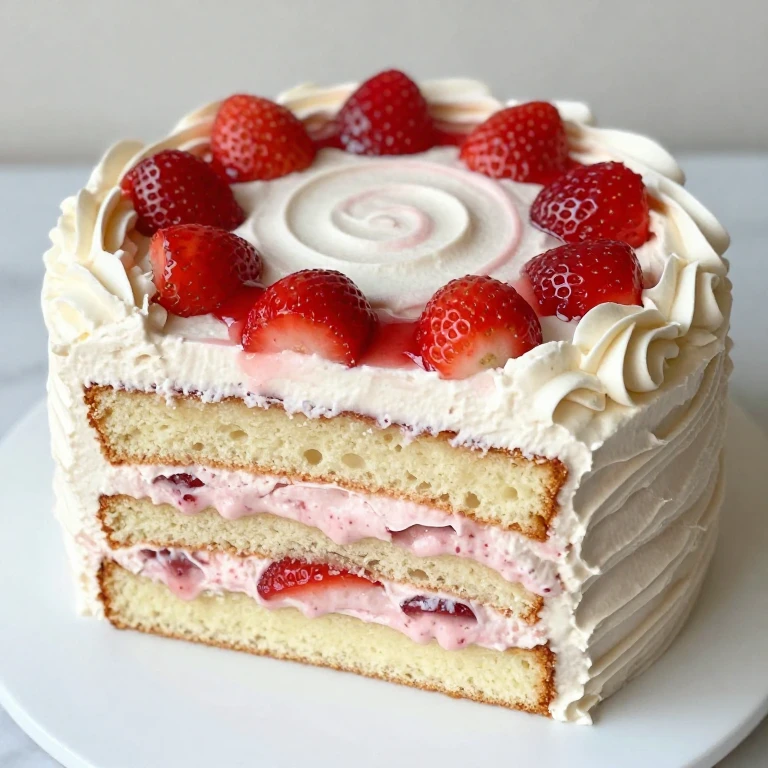 Classic strawberry layer cake with whipped cream frosting and fresh berries