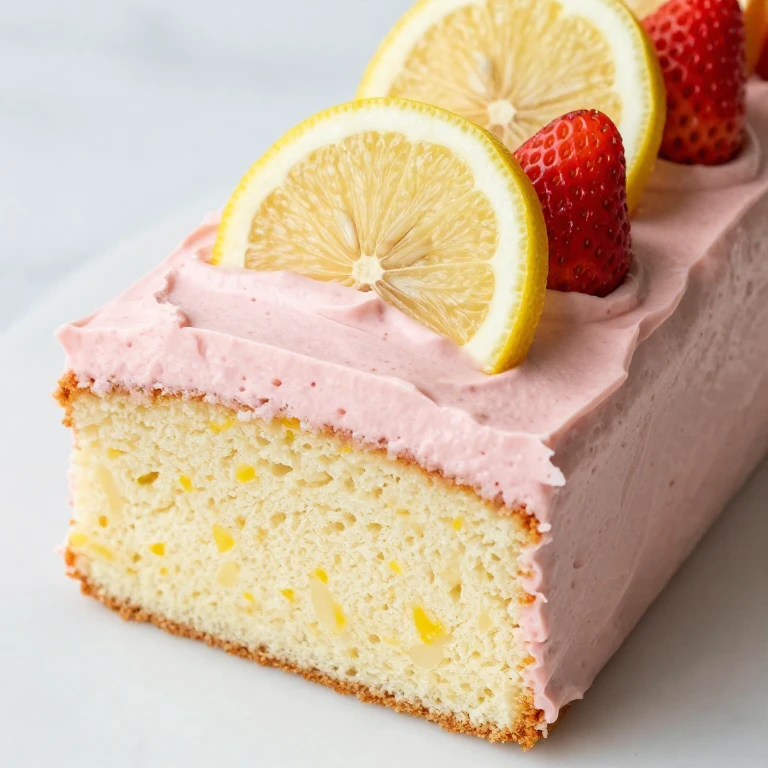 Lemon-strawberry sheet cake with pink frosting and citrus garnish