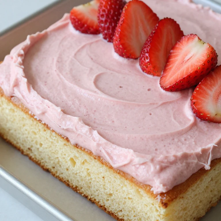 Strawberry sheet cake with strawberry frosting and fresh berry topping