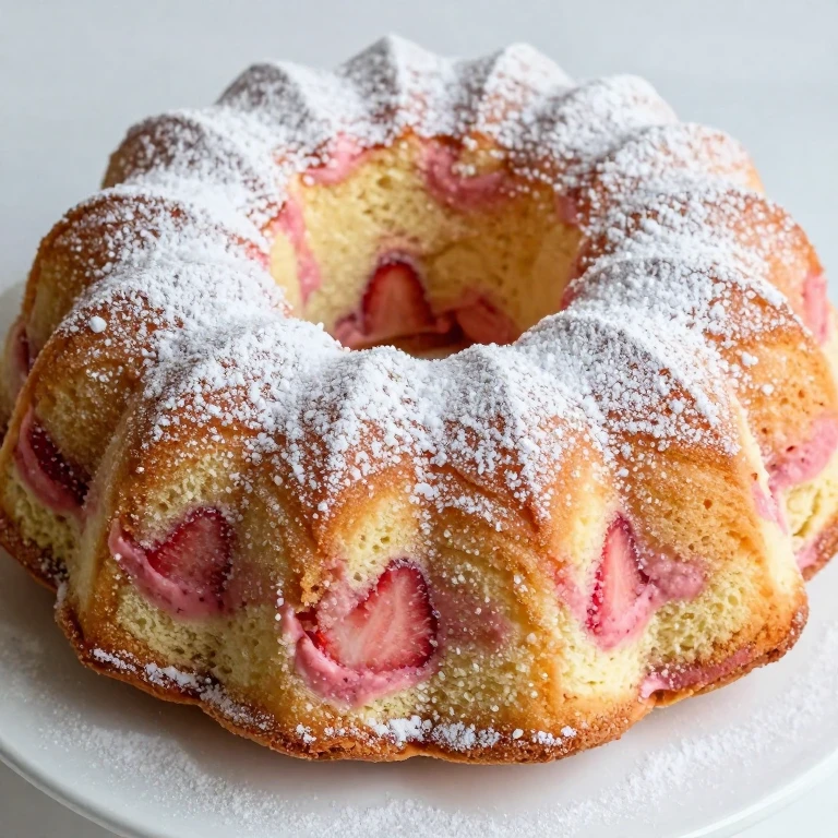 Strawberry swirl Bundt cake with powdered sugar dusting and pink marbling