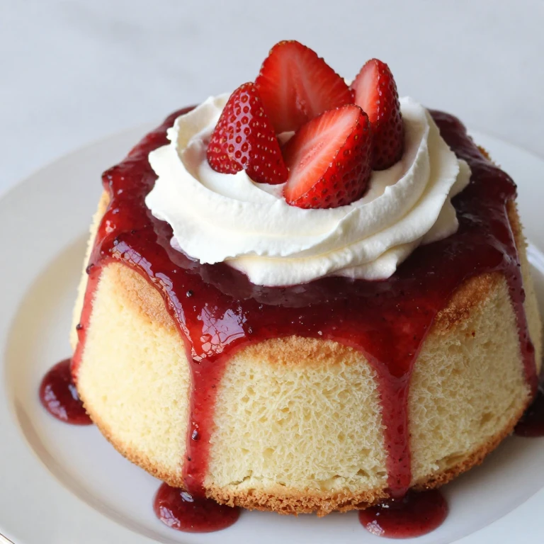 Angel food cake topped with strawberry compote and whipped cream