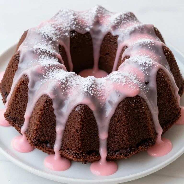 Chocolate-strawberry Bundt cake with pink strawberry glaze drizzle
