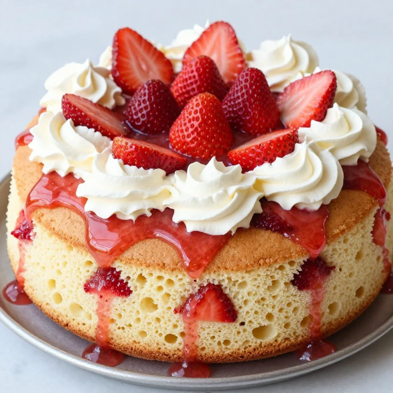 Strawberry poke cake soaked with berry syrup and topped with whipped cream