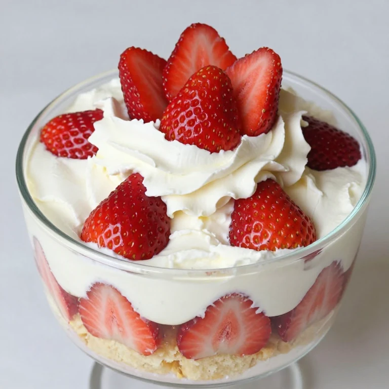 Strawberry shortcake trifle with layered cake, cream, and fresh berries in glass bowl