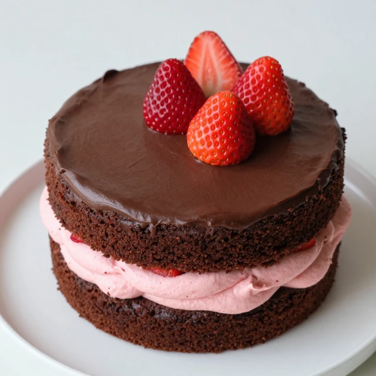 Blackout chocolate layer cake with strawberry buttercream and fresh strawberries on top