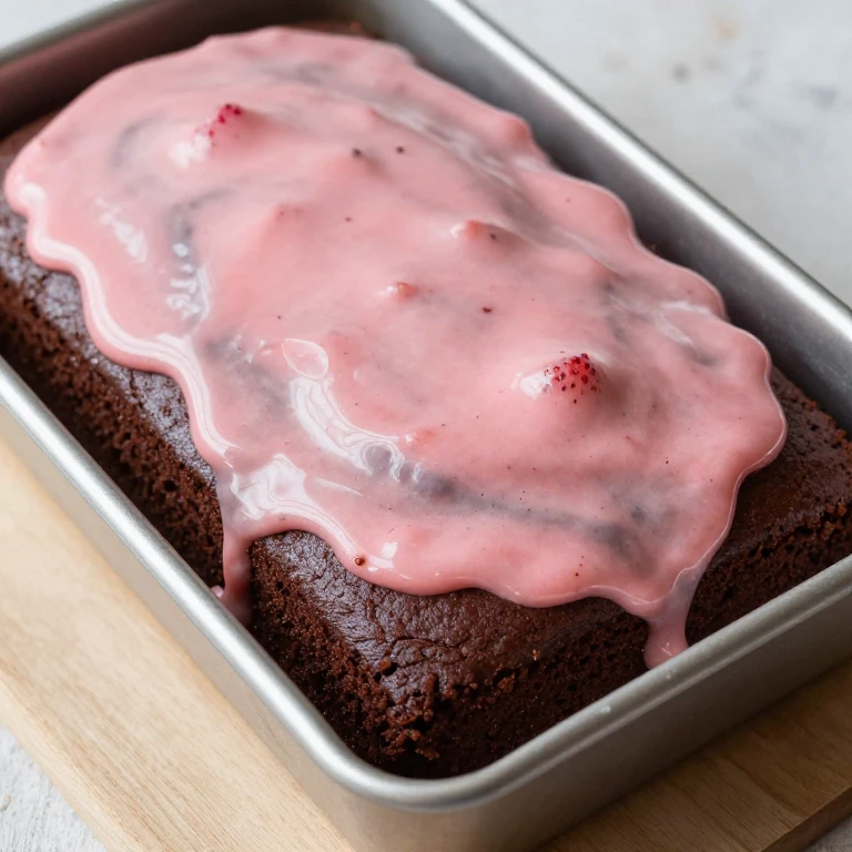 Sheet cake with dark chocolate crumb and pink strawberry glaze topping