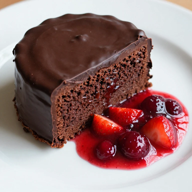 Dark chocolate torte with glossy ganache and red strawberry compote