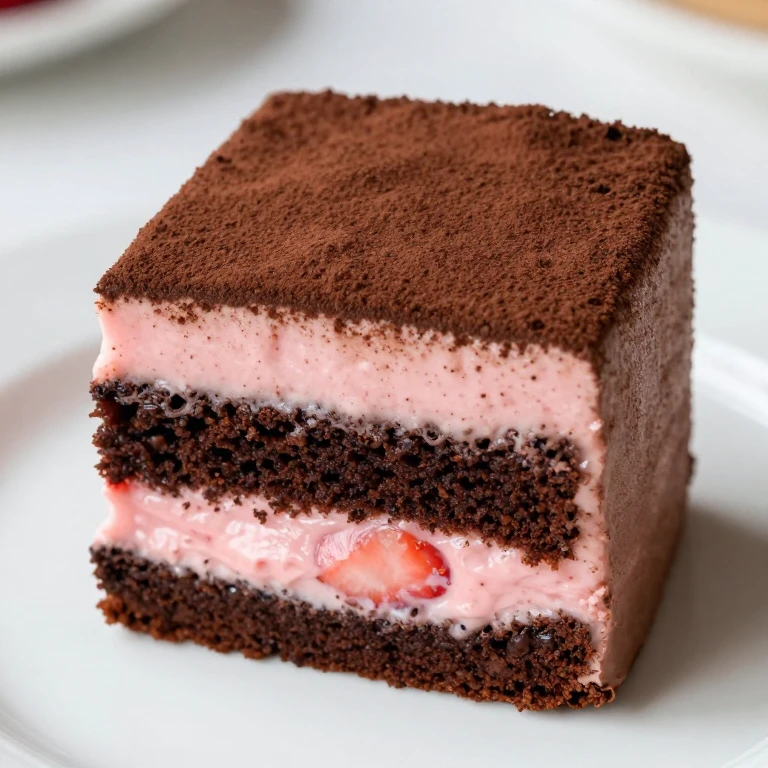 Espresso chocolate layer cake with strawberry curd filling and cocoa dust