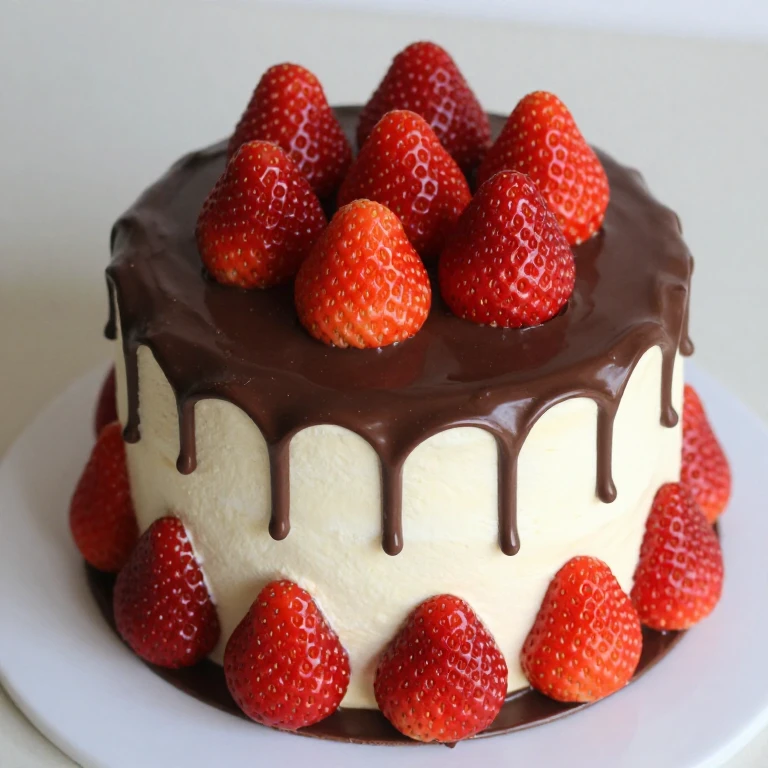 Strawberry cake with milk chocolate ganache drip and fresh strawberry garnish