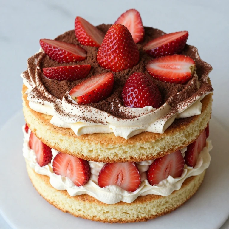 Layered shortcake with cocoa whipped cream and fresh strawberry slices
