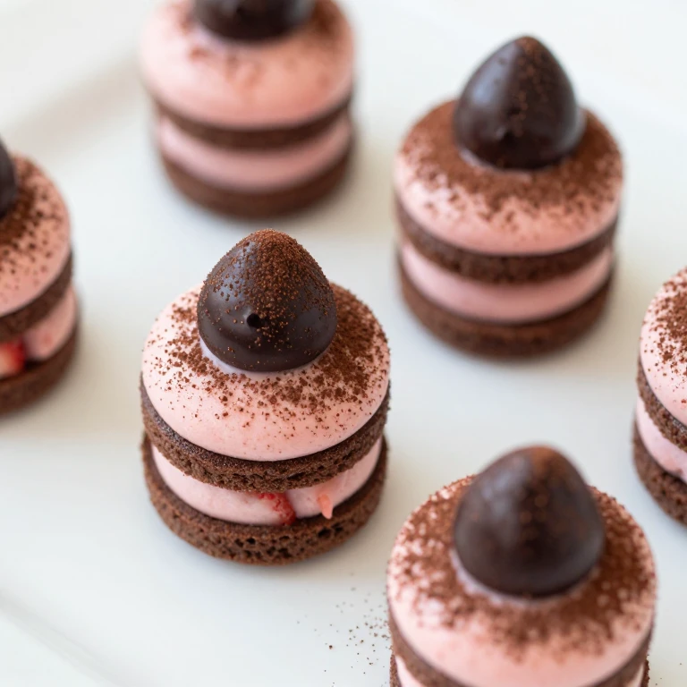Mini layered chocolate cakes with strawberry mousse and chocolate truffle topper