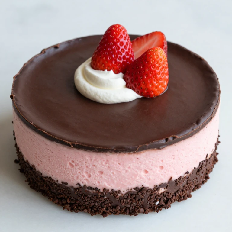 No-bake cheesecake with chocolate crust, strawberry layer, and chocolate mousse