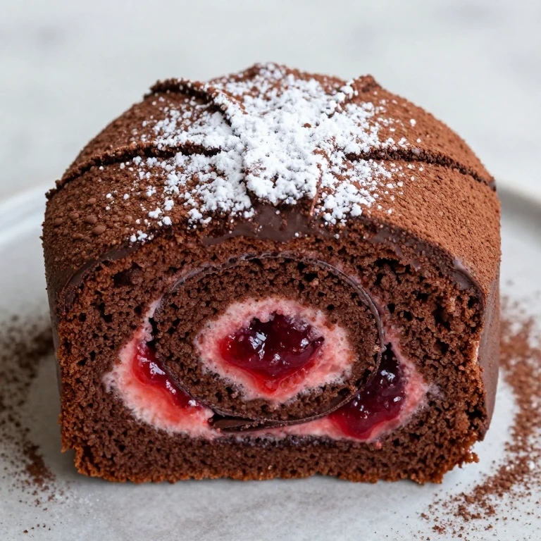 Cocoa cake with red strawberry jam swirls and powdered sugar dusting