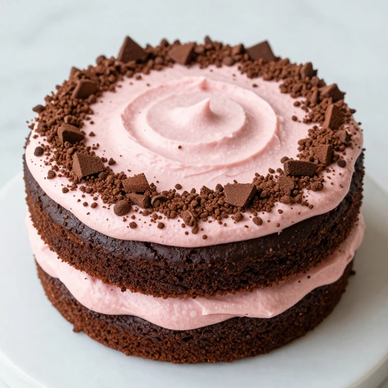 Chocolate cake with strawberry buttercream frosting and cocoa nib texture