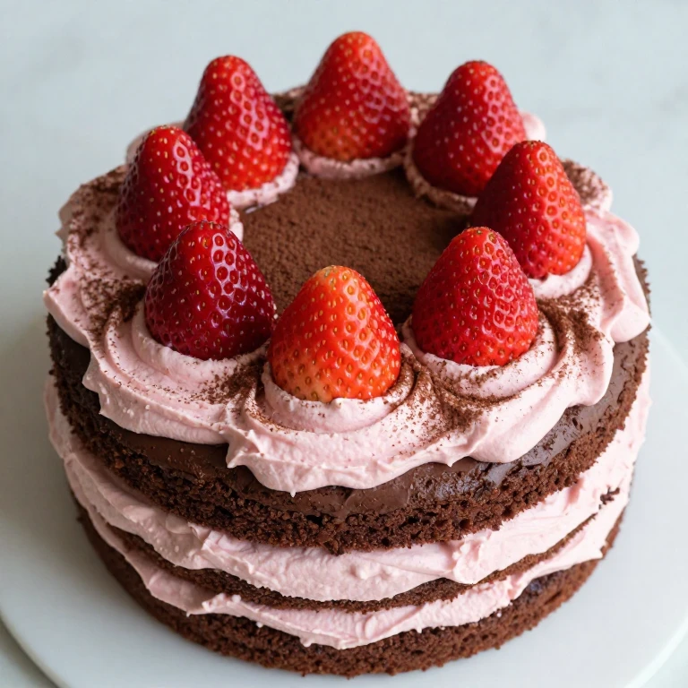 Chocolate cake with strawberry cream cheese frosting and fresh strawberry garnish