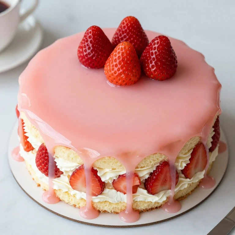 Strawberry mirror glaze cake with glossy pink coating and fresh berries