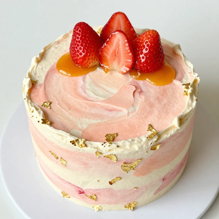Peachy-pink watercolor cake with edible gold leaf and glazed strawberries