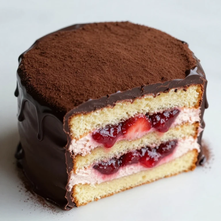 Vanilla layer cake with strawberry filling and dark chocolate ganache coating