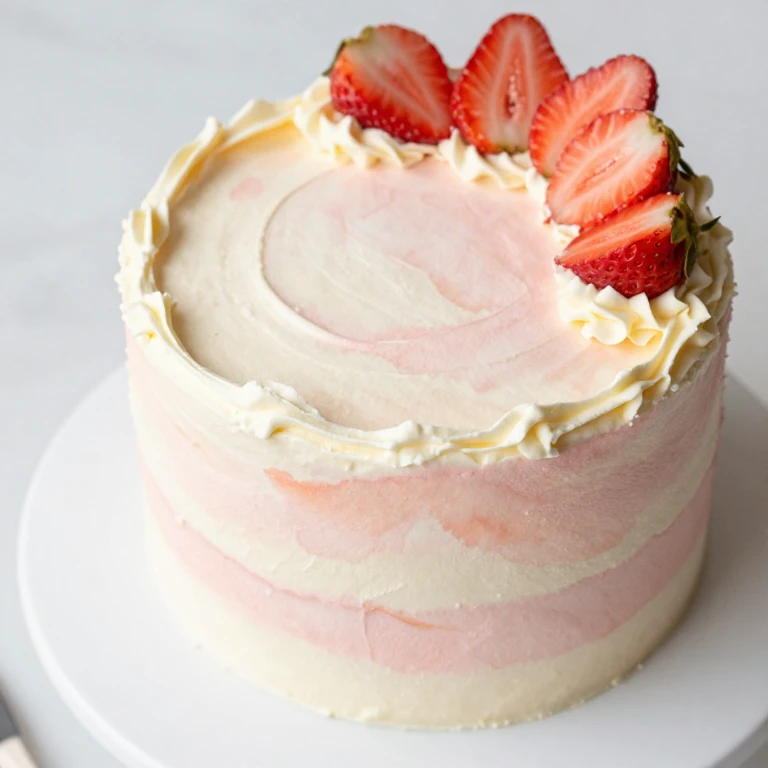 Soft blush watercolor layer cake with strawberries and pastel frosting