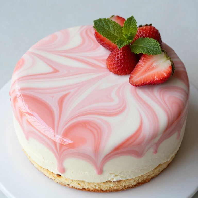 Marbled pink and white mirror glaze cake with strawberries and mint
