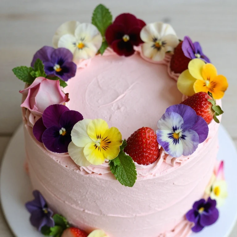 Fully frosted pale pink cake with edible flower crown and strawberries