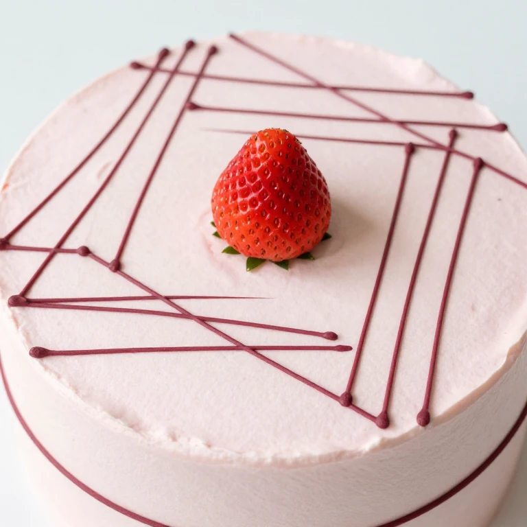 Minimalist line art cake with piped geometric pattern and single strawberry