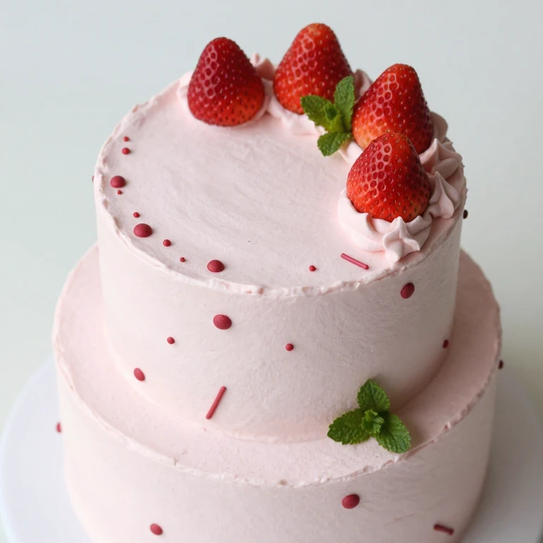 Minimalist monochrome cake with piped rose details, strawberries, mint