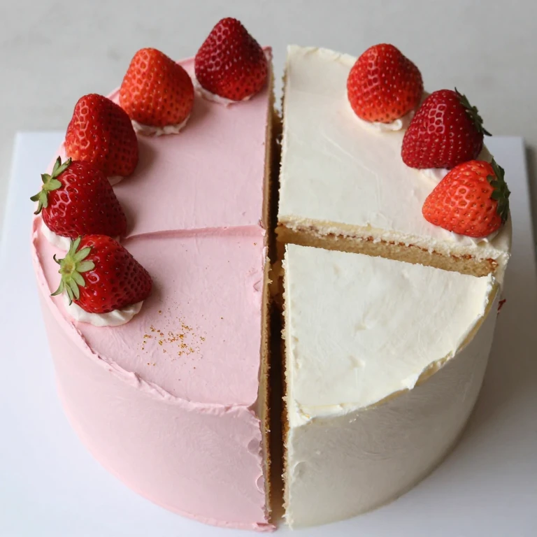 Modern geometric cake with negative space, dual-color frosting, strawberries